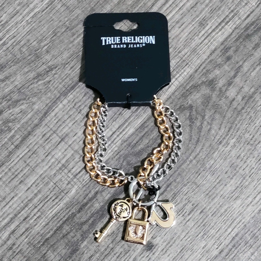 True Religion Charm Bracelet Two Tone Key Lock Horseshoe Logo Gold Silver Y2K